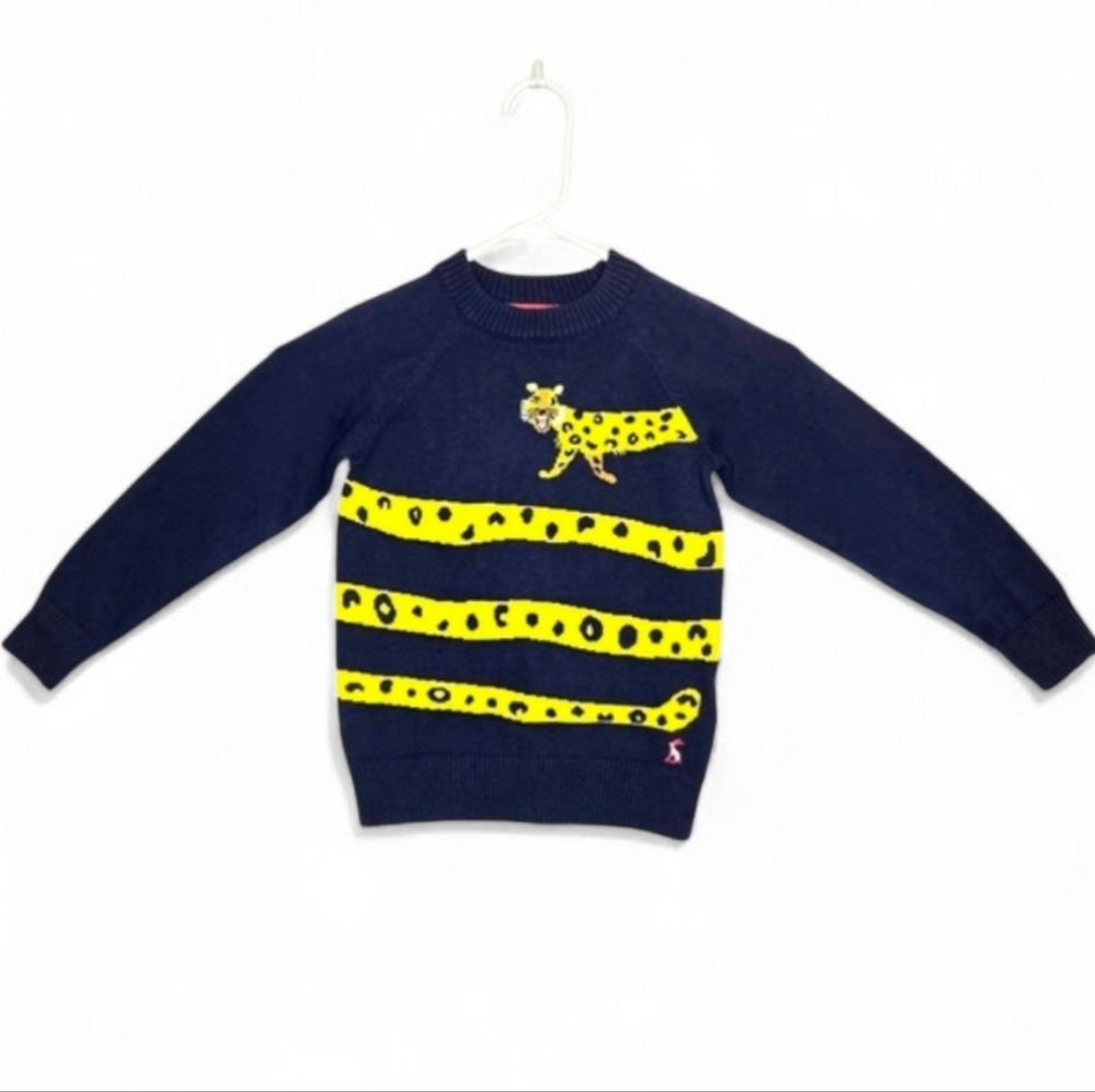 Joules Wrap-around Leopard Crew Neck Sweater. Navy/yellow. Size 4 Years.